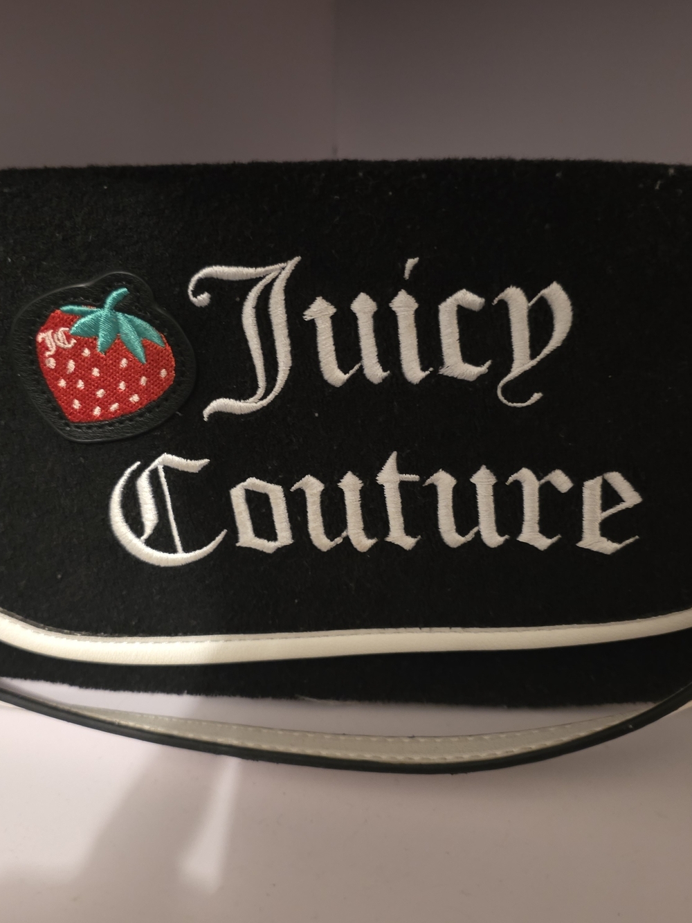 Juicy Couture Black Crossbody Card Holder with Red Strawberry Patch